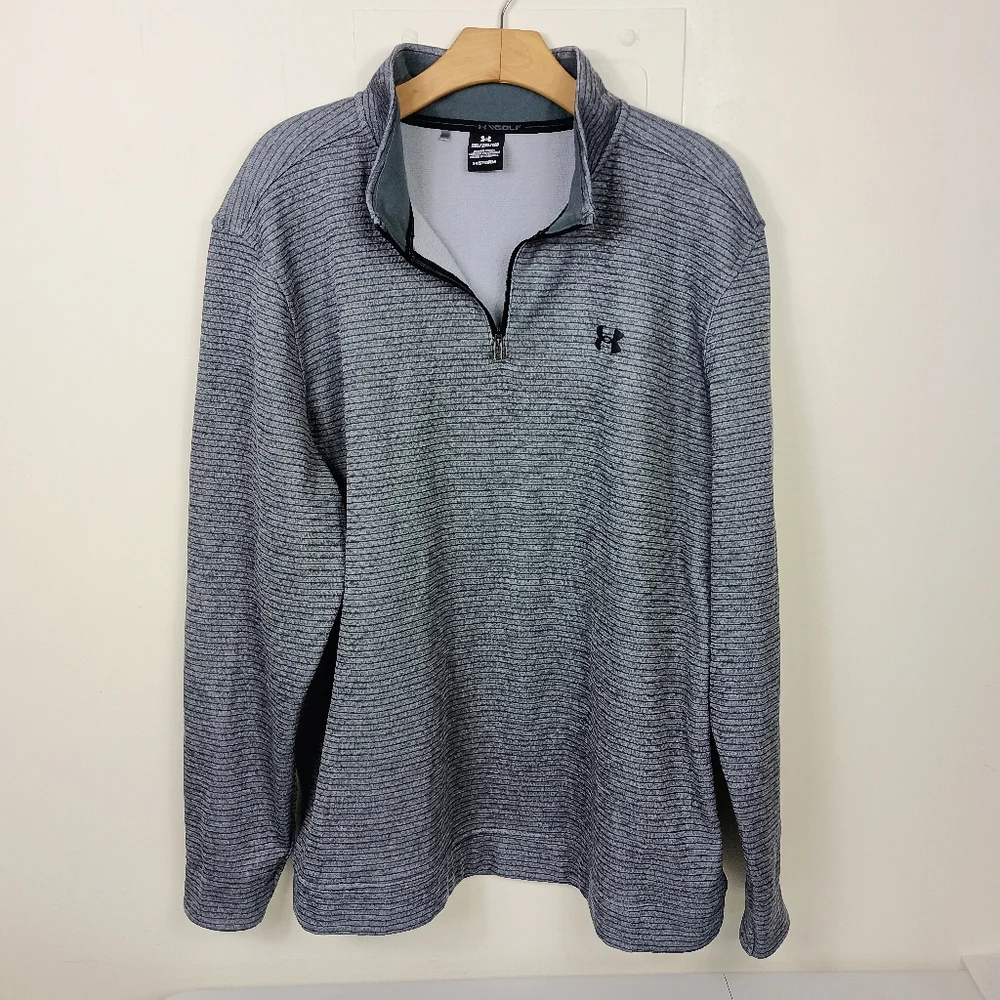 Under Armour Golf Pullover 2XL Mens Gray Striped 1/4 Zip Loose Storm Fleece